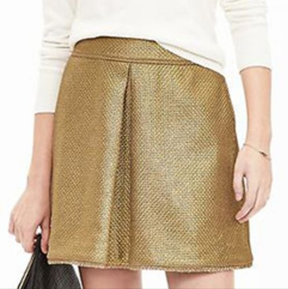 Banana Republic Gold Tweed Mini Skirt Metallic Inverted-Pleat NWT Size 12 petite